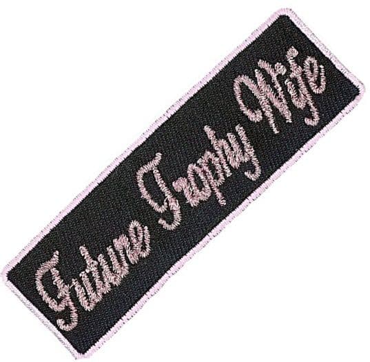 Future Trophy Wife iron-on/sew-on patch 100mm x 30mm (cp)