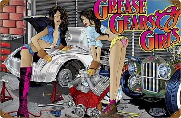 Grease Gears & Girls rusted metal sign 440mm x 290mm    (pst)