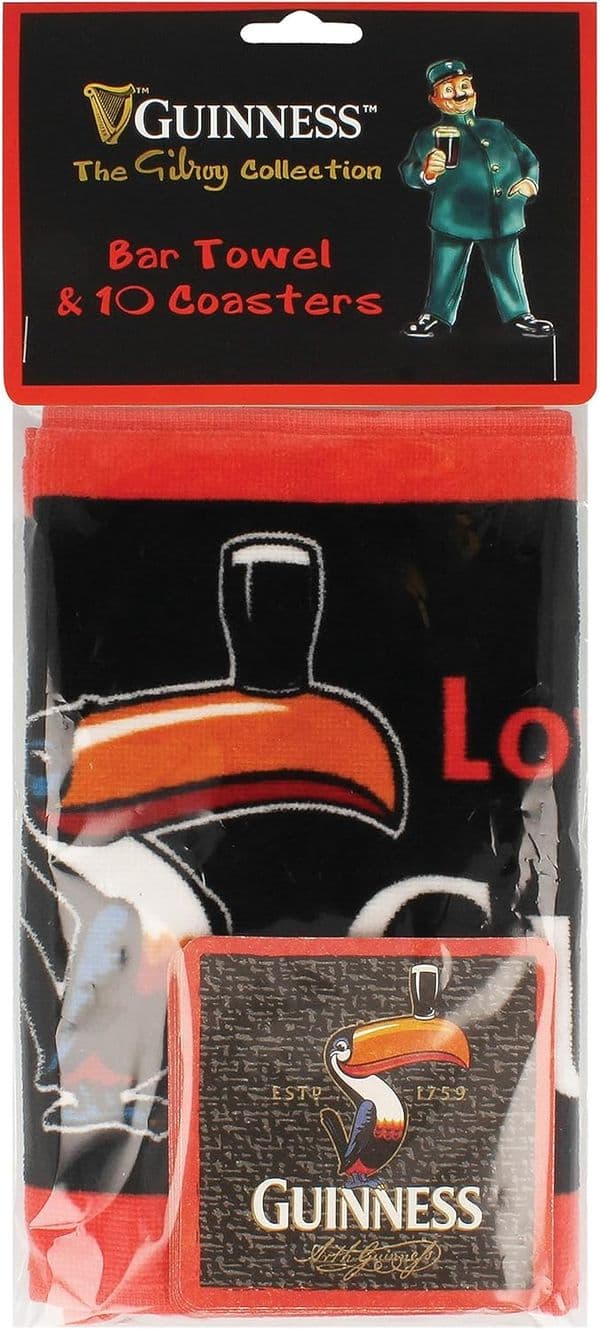 Guinness Bar Towel and 10 Beermats with Gilroy Toucan Design (sg)