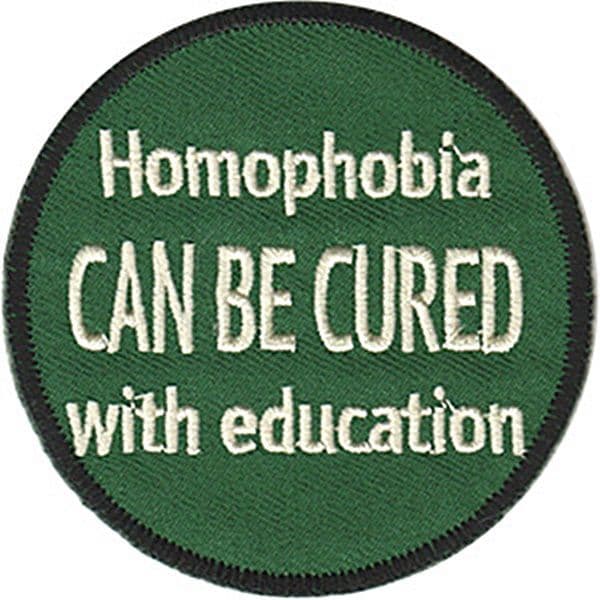 Homophobia Can Be Cured With Education 75mm round iron-on / sew-on embroidered patch (cv)