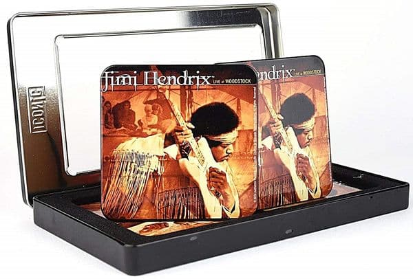 Jimi Hendrix At Woodstock Set of 6 Metal / Cork Drinks Coasters in Tin (icc)