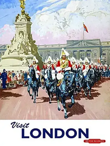 London Guards at Buckingham Palace  (old rail ad)  large metal sign  400mm x 300mm (og)