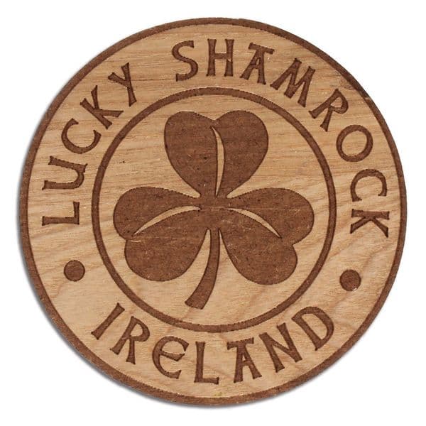 Lucky Shamrock Ireland wooden drinks coaster  90mm diameter