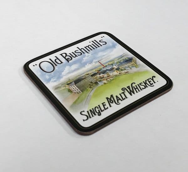Old Bushmills Single Malt Whiskey cork backed drinks coaster  100mm x 100mm (sg)