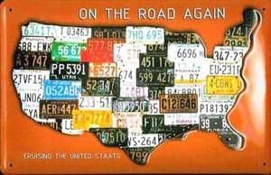 On the Road Again  USA Map / State Plates embossed steel wall sign 300mm x 200mm