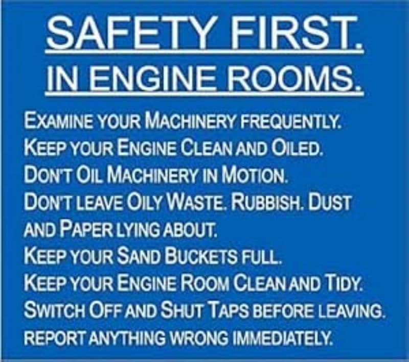 Engine Safety Message Safety First In Engine Rooms enamelled steel wall sign dp