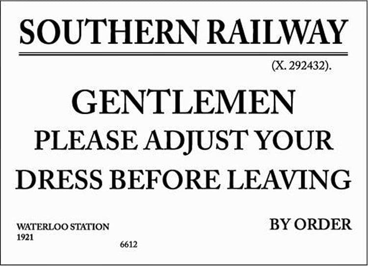 Please Adjust Sign Southern Railway Gentlemen Please Adjust enamelled steel wall sign dp