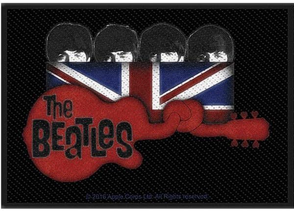 The Beatles Knotted Guitar / Faces over Union Flag sew-on embroidered cloth patch 100mm x 70mm (ro)