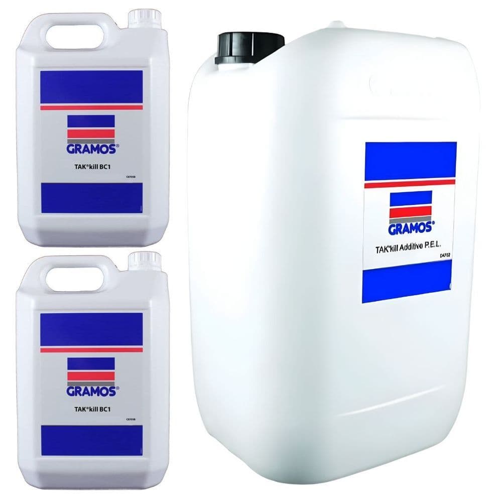 Gramos Takkill BC1 Biocide 10L & Additive P.E.L. Polyelectrolyte Red 25L bundle