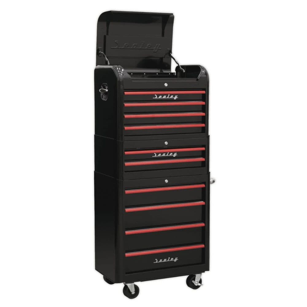 Sealey 3 piece retro combination toolchest in black with 10 drawers in Red Anodised Drawer Pulls