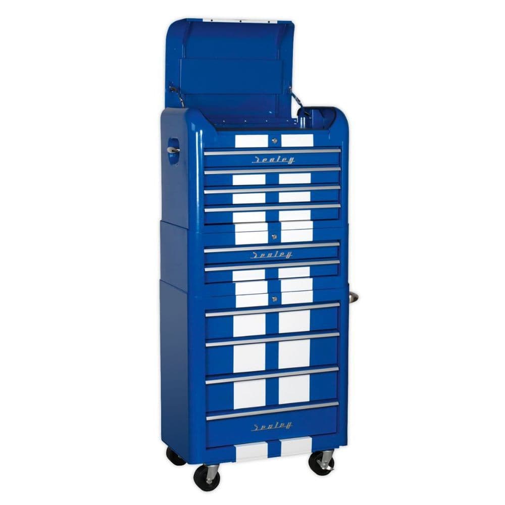 Sealey 3 piece retro combination toolchest with 10 drawers in Blue with White Stripes
