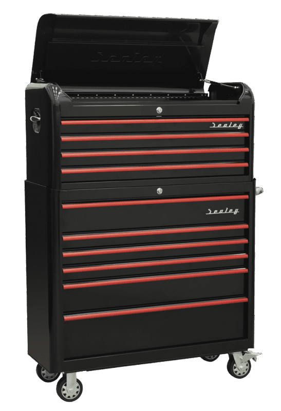 Sealey Retro 2 Piece Tool Chest 10 Drawer Black with Red Anodised Drawer Pulls