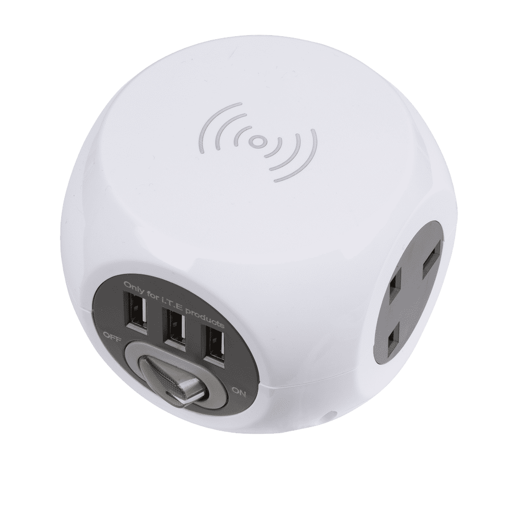 Extension Cable Cube 1.4m 3 x 230V + 3 x USB Sockets & Wireless Charging Pad
