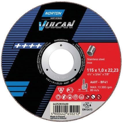 Norton Vulcan Stainless steel flat ultra thin cutting disc 115x1x22.23mm