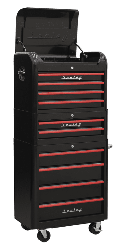 Sealey 3 piece retro combination tool chest in black with 10 Red Anodised Drawer Pulls