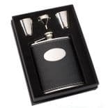 6oz Black Leather Stainless Steel Hip Flask Set, Personalised, ref HIPSBL
