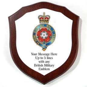 British Military Forces Mahogany Veneer Shield Plaque PERSONALISED, ref MFMLP