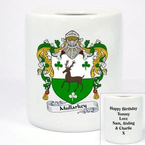 Family Crest Coat of Arms Money Box, personalised message on the back, ref FCMB