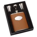 Hip Flask Set, Tan Leather Stainless Steel Personalised, ref HIPSTL