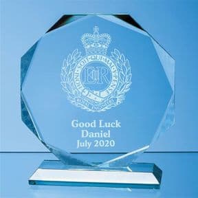 Jade Glass 16cm Octagon Award UK Military Emblem Personalised, ref JGOM