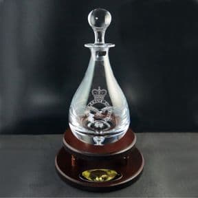 Military Emblem Teardrop Wine or Spirit Decanter on Wooden Base, Personalised Engraved ref TDD1