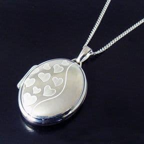 Silver Oval Locket with Hearts pattern, personalised engraved ref. SOHPL