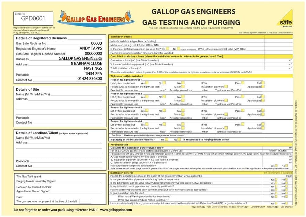 Gas Testing & Purging Domestic Personalised Pad 11