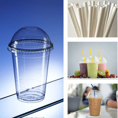 Recyclable PET Smoothie cups with dome lids & paper straws 250ml / 8oz (pk 50)