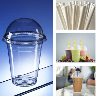 Recyclable PET Smoothie cups with dome lids & paper straws 400ml (pk 50)