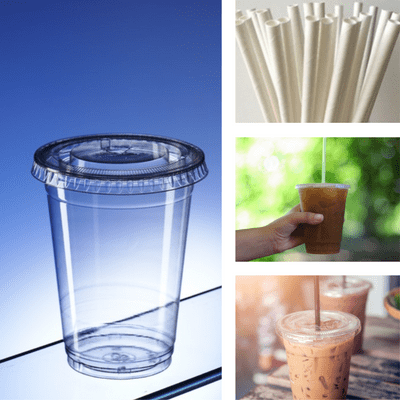 Recyclable PET Takeaway cups with flat lids & compostable straws 250ml / 8oz (pk 50)