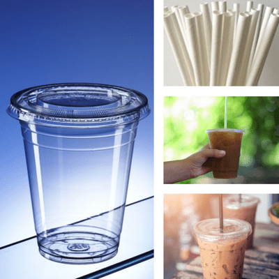 Recyclable PET Takeaway cups with flat lids & compostable straws 400ml (pk 50)