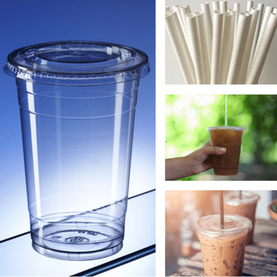 Recyclable PET Takeaway cups with flat lids & compostable straws 500ml (pk 50)
