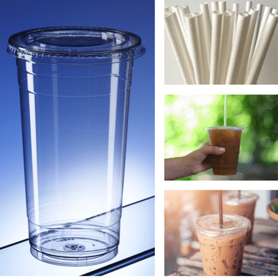 Recyclable PET Takeaway cups with flat lids & compostable straws 600ml / pints (pk 50)