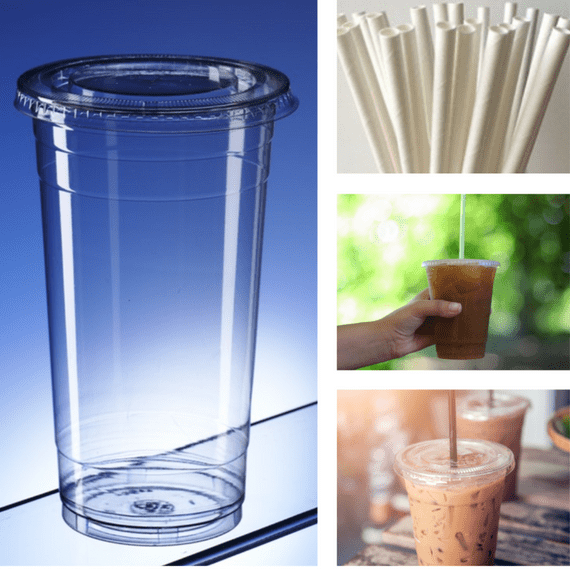 Recyclable PET Takeaway cups with flat lids & compostable straws 600ml / pints (pk 50)
