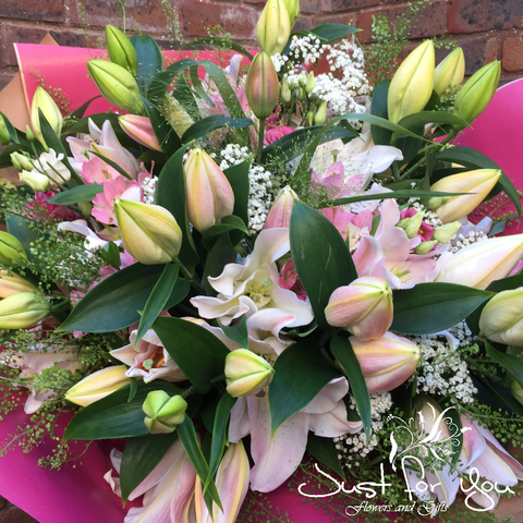 Exclusive White & Pink Oriental Lilies Hand tied arrangement
