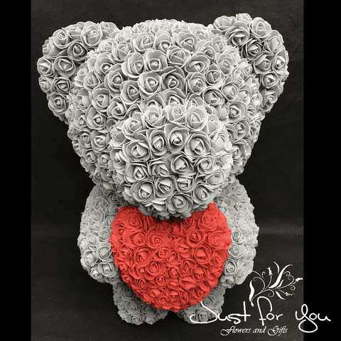 Large grey teddy with red heart in Presentation box