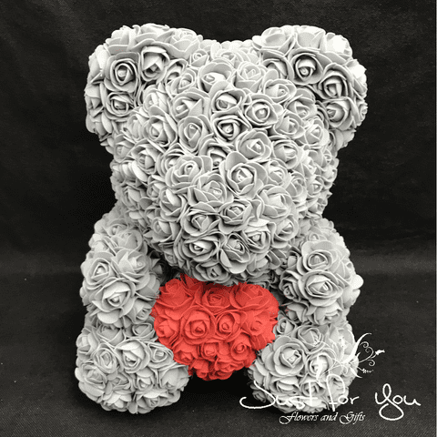 Medium grey teddy with red heart in Presentation box