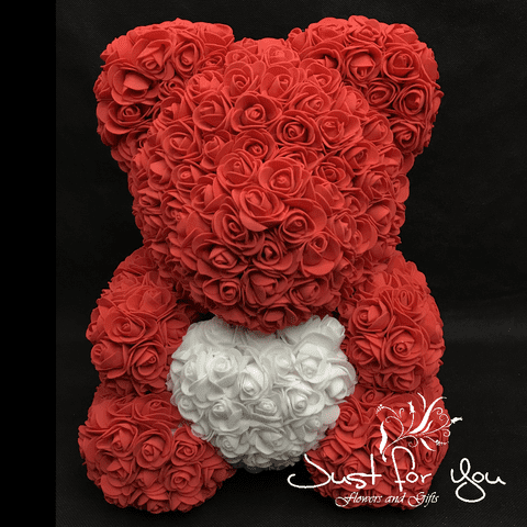 Medium red teddy with white heart in Presentation box