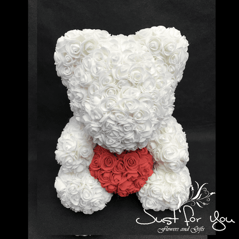 Medium white teddy with red heart in Presentation box