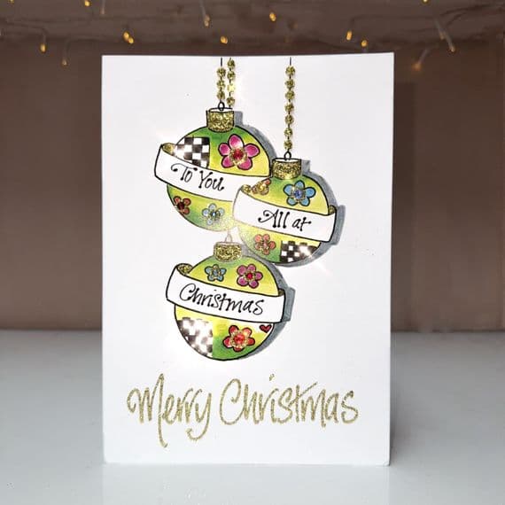 3 Colourful Baubles Christmas Card
