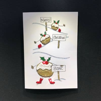 3 Puddings Holding Signs Christmas Card