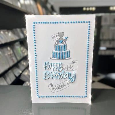 Happy Birthday Teddy on Cake in Blue