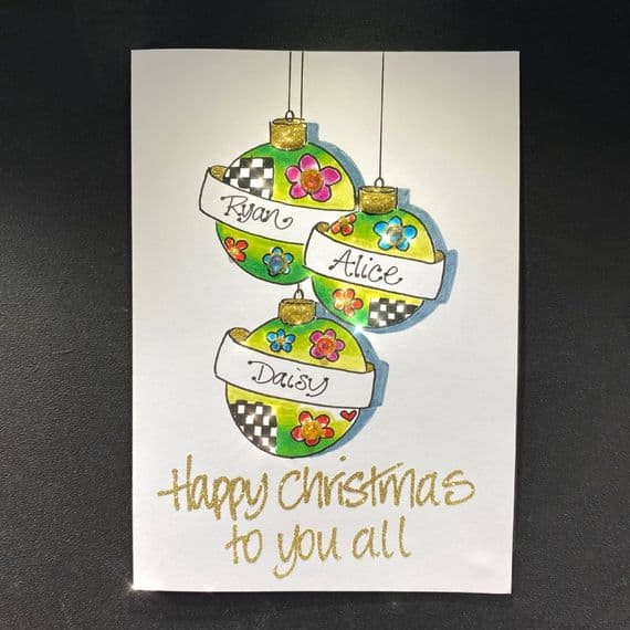 Three Colourful Baubles Christmas Card