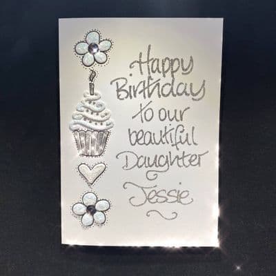 White Cupcake with Heart & Flowers; Gold, Silver or Rose