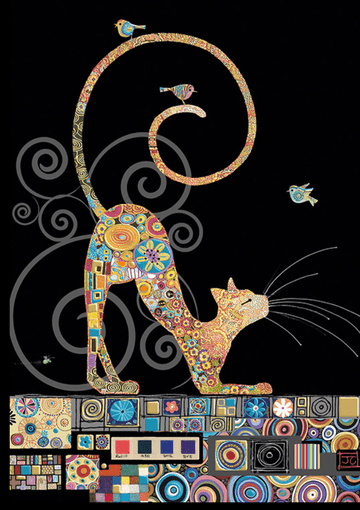 Cat with Birds Blank embossed / foiled greeting card