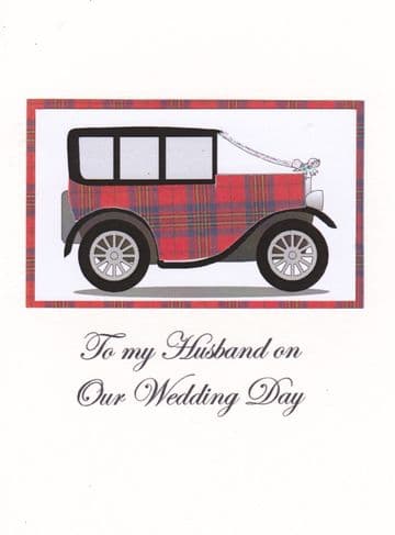To my Husband on our Wedding Day (Tartan Car) Greetings Card