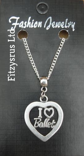 18" or 24 Inch Chain Necklace & I Love Ballet Pendant / Charm Ballerina Dancer