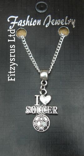 18" or 24 Inch - I Love Soccer Football Charm / Pendant & Chain Necklace - New