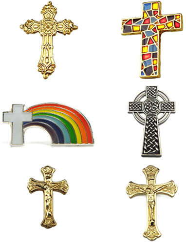 6 Piece Cross & Crucifix Pin Badge Set Catholic Christian Collection