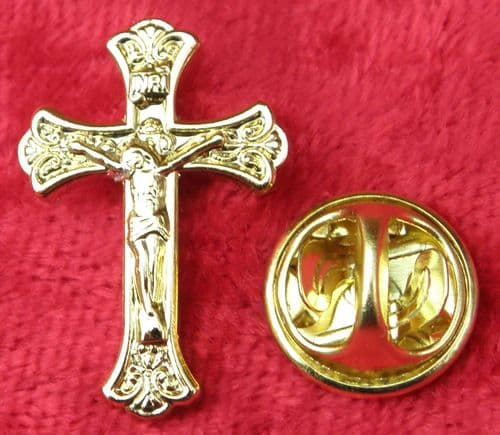 Crucifix Catholic Pin Badge Gold Colour